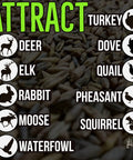 Last Resort Blend 12 Lb EcoPack Winter Deer Food Plot Seed Mix with Rye, Wheat, Barley symbols for attracting wildlife.