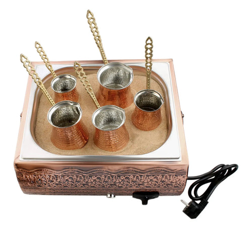 Authentic Turkish Copper Electric Hot Sand Coffee Maker For 110V To 220V, Medium Size, Includes Five Turkish Coffee Pots