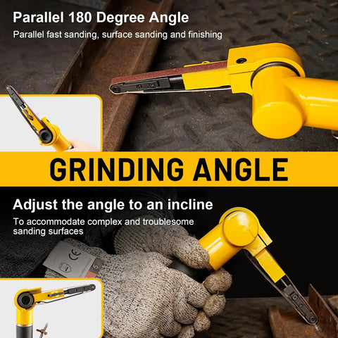 Deep Reach Air Belt Sander For Metal Working And Weld Removal, showing adjustable angle for contour sanding.
