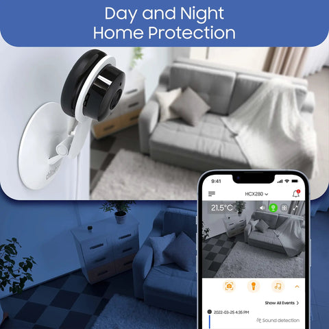 Indoor Security Camera With Night Vision And 1080P HD, captures living room setting with smartphone app display.