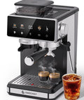 20 Bar Espresso Machine With Built In Grinder And Manual Milk Frother For Fire Hot Or Cold Brew Coffee with espresso shots and iced coffee.