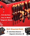Magnetic Screwdriver Holder Rack And Heavy Duty Tool Organizer for garage with screwdrivers mounted on metal rack.