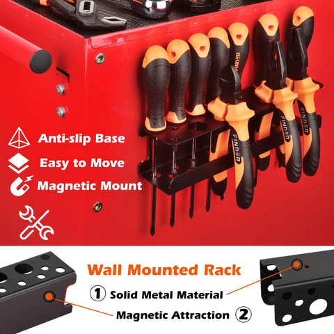 Magnetic Screwdriver Holder Rack And Heavy Duty Tool Organizer for garage with screwdrivers mounted on metal rack.