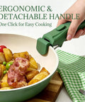 Person using detachable handle on Nonstick Ceramic Cookware Set Eight Piece With Detachable Handle Induction Ready Pots and Pans