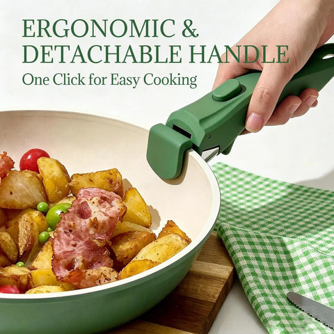 Person using detachable handle on Nonstick Ceramic Cookware Set Eight Piece With Detachable Handle Induction Ready Pots and Pans