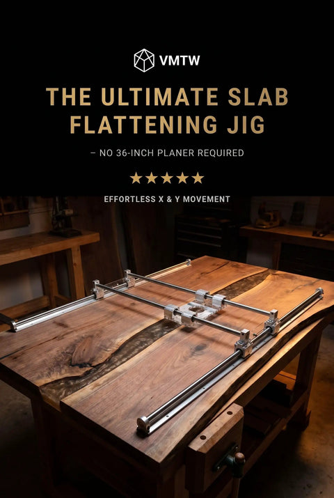 Slab Flattening Router Sled Kit with rail jig for easy end grain boards and epoxy slabs on workbench in workshop setting