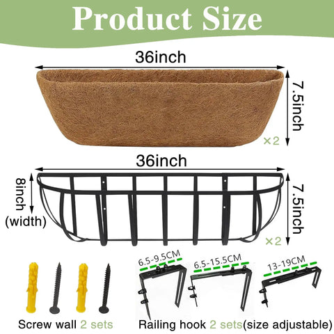36 Inch Railing Planter Window Box For Deck And Balcony With Coco Liner And Metal Wall Mount Two Pack Outdoor Flower Troughs For Fence Porch Patio And Garden Easy Mount For Herbs And Flowers. Coco liner and metal frame dimensions labeled.