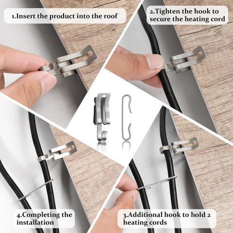 Rugged Aluminum Roof And Gutter Deicing Cable Clips And Spacers Kit in use for securing heat tape, step-by-step installation guide