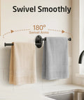 Top Shelf Swivel Towel Bar For Kitchen And Bathroom, 9 Inch Wall Mounted Black Stainless Steel Holder with towels.