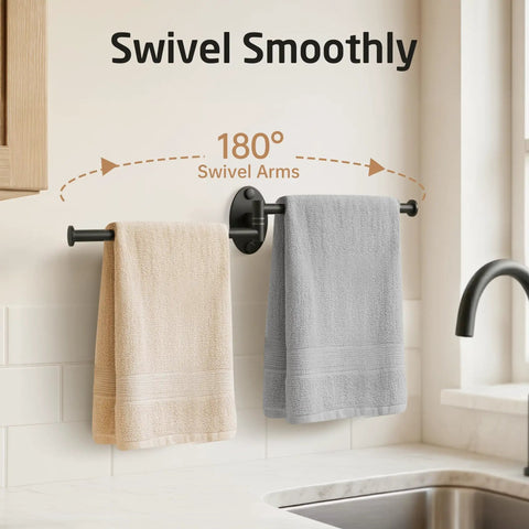 Top Shelf Swivel Towel Bar For Kitchen And Bathroom, 9 Inch Wall Mounted Black Stainless Steel Holder with towels.