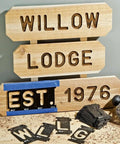 2.25 Inch Router Letter Template Set With 99 Interlocking Pieces State Park Font sign samples and template pieces on wood surface