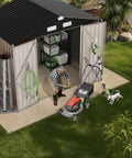 8x6 Ft Full Size Outdoor Metal Storage Shed With Floor For Backyard Tools Bikes And Gear All Weather Shelter With Reinforced Sidewall Girts And Updated Frame Structure Durable Steel Construction Built To Last, man organizing tools inside