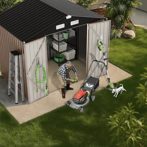 8x6 Ft Full Size Outdoor Metal Storage Shed With Floor For Backyard Tools Bikes And Gear All Weather Shelter With Reinforced Sidewall Girts And Updated Frame Structure Durable Steel Construction Built To Last, man organizing tools inside