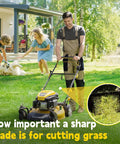 Man mowing lawn with 21 Inch Mulching Lawn Mower Blade For Cub Cadet MTD Craftsman Troy Bilt TB110 TB200 mower in garden setting.