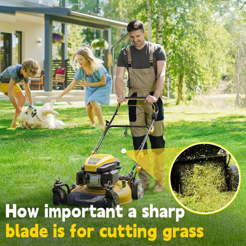 Man mowing lawn with 21 Inch Mulching Lawn Mower Blade For Cub Cadet MTD Craftsman Troy Bilt TB110 TB200 mower in garden setting.