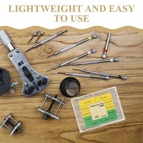 Built Like A Tank Stainless Steel Watch Screws Packed With Assorted Micro Replacement Fasteners For Bracelets And Case Backs displayed with tools.
