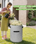 Person watering Potato Grow Bags With Flap 10 Gallon 4 Pack Planter Pots With Handles And Harvest Window For Potatoes Tomatoes And Vegetables