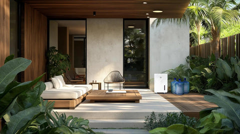 Fresh Drinking Water From Air Generating Up To 18 Gallons A Day With Multi Stage Filtration unit on modern patio