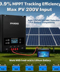 60 Amp MPPT Solar Charge Controller with 200V Max Input, LCD display, connected to solar panels and battery in outdoor setup