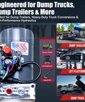 12V DC Single Acting Hydraulic Pump With Poly Reservoirs For Dump Trailer, Heavy Duty Hydraulic Power Unit and applications shown