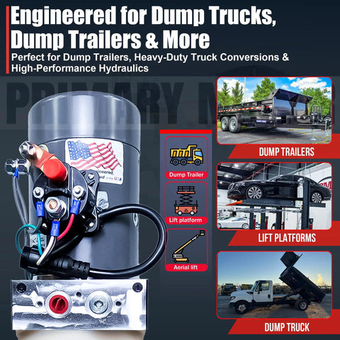 12V DC Single Acting Hydraulic Pump With Poly Reservoirs For Dump Trailer, Heavy Duty Hydraulic Power Unit and applications shown