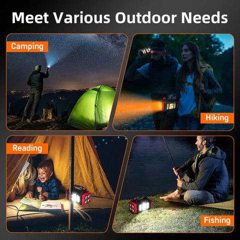 People using Solar Handheld Flashlight With Four Lighting Modes Rechargeable LED Work Light USB C Enabled for camping, hiking, reading, fishing.