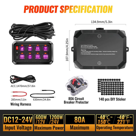 8 Gang Bluetooth Switch Panel With App Control, Wireless RGB Lighting, Universal 12-24V Waterproof Relay Touch Box specifications.