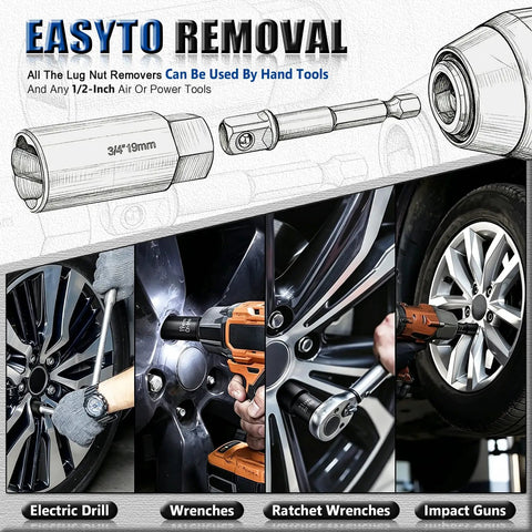 Ditch Those Stuck Bolts With This 19-Piece Bolt Nut Extractor Set For A Smooth 1/2-Inch And 3/8-Inch Drive Wheel Lock Removal Kit That Actually Gets the Job Done Right Without Breaking Your Tools Or Losing Your Mind On Tough Rust Jobs. 19mm socket removing lug nuts on alloy wheel