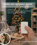 Hand holding remote near Christmas tree, Two Pack Mini Wireless Remote Outlet Plug Adapter With Remote 2 Channel Wall Switch 656ft Range