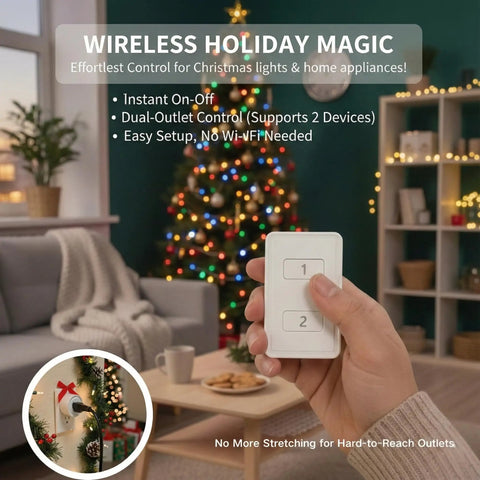 Hand holding remote near Christmas tree, Two Pack Mini Wireless Remote Outlet Plug Adapter With Remote 2 Channel Wall Switch 656ft Range