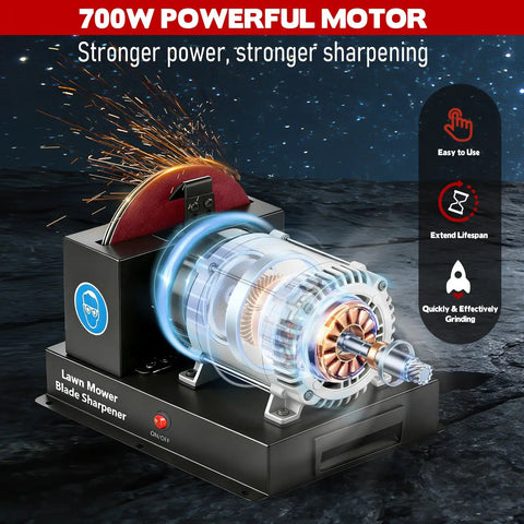 Real Deal Yard Work Savior Heavy Duty 7 Inch Lawn Mower Blade Sharpener Bench Grinder showing 700W motor and ceramic wheel.