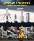 Four versatile couplers from the 10,000 PSI Pneumatic Grease Gun Kit With Built Tough Pistol Grip, displayed for lubrication jobs.