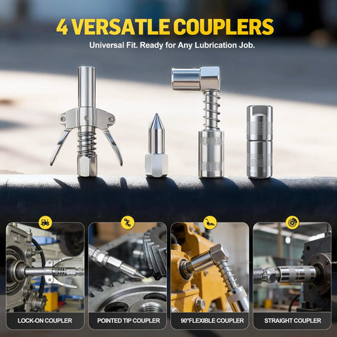 Four versatile couplers from the 10,000 PSI Pneumatic Grease Gun Kit With Built Tough Pistol Grip, displayed for lubrication jobs.