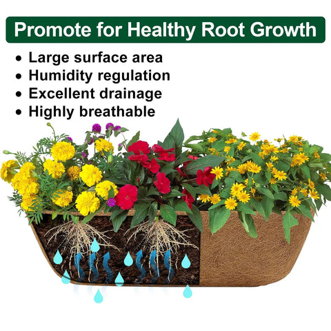 Rock Solid Metal Railing Planter Two Pack 24 Inch Rust Proof Window Box with natural coco liner showcasing vibrant flowers and roots.