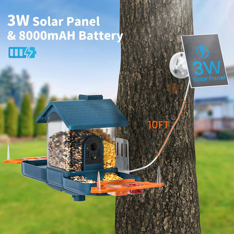 Outdoor Bird Feeder Camera Bird Bath Dual Lens 2K HD Smart Feeder Solar Powered attached to tree with solar panel