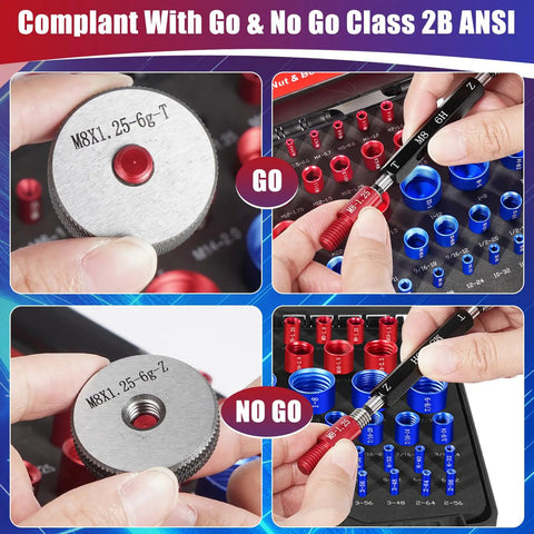 64 Piece Thread Checker Kit With 36 Standard And 28 Metric Sizes, Handy Boxed Set for nut and bolt sizing, close-up view.
