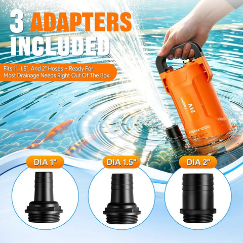 Plug And Play 1Hp Cordless Submersible Utility Pump Flows Like A Dream At 2113 Gph With 3 hose adapters included.