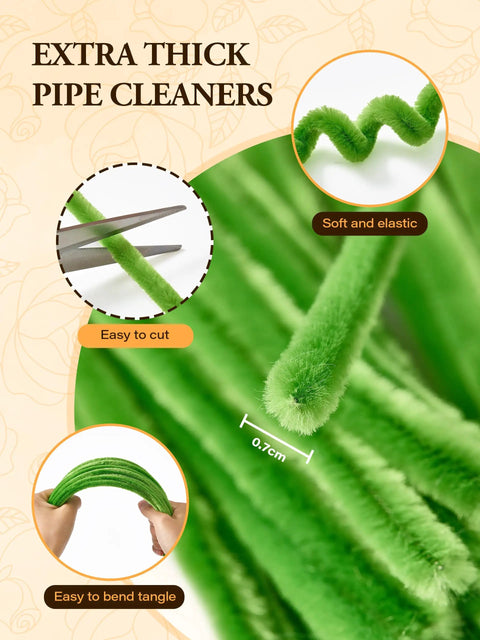 Close-up of soft, green chenille stems, 0.7cm diameter, part of 500 Pieces Pastel Pipe Cleaners Flower Kit For Flower Making Pink White Green Yellow 6 Color Chenille Stems Glue Free And Safe For Kids DIY Tutorial For Kids Craft Projects.