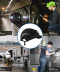 Safety Bump Cap With LED Lighting, USB Rechargeable Headlamp Baseball Cap Style, black, shown in use at various workplaces