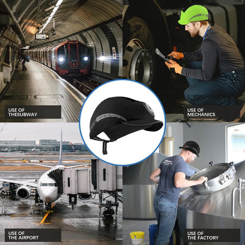 Safety Bump Cap With LED Lighting, USB Rechargeable Headlamp Baseball Cap Style, black, shown in use at various workplaces