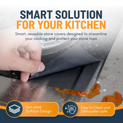 Hand lifting Gas Stove Burner Covers 10 Pack Extra Thick Non Stick Reusable Stove Top Protectors on greasy surface.