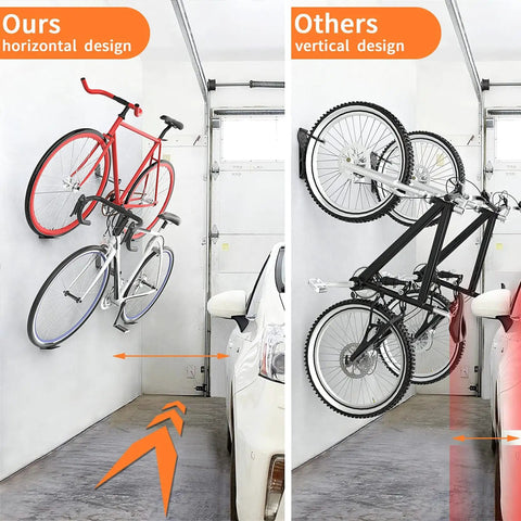 Comparison of horizontal vs vertical bike rack designs; Two Pack Bike Pedal Hanger Wall Mount shown left, maximizing garage space.