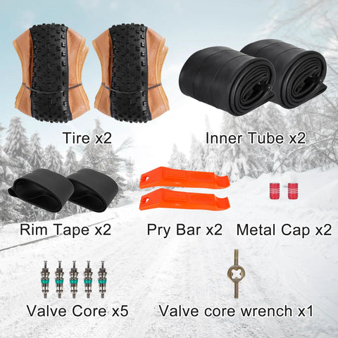Two Pack 20x4.0 Fat Bike Tires And Tubes Puncture Resistant Folding Tire Sets 102406 with accessories in snow backdrop