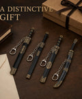 Ancient Sword Letter Opener Set With Sheaths 4 Piece Mini Sword Keychain Desk Decor Displayed on Wood Surface