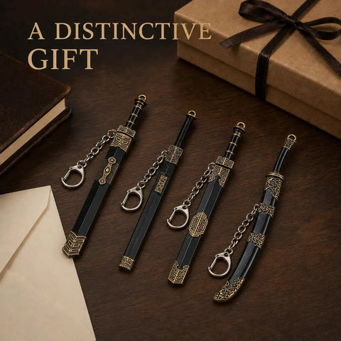 Ancient Sword Letter Opener Set With Sheaths 4 Piece Mini Sword Keychain Desk Decor Displayed on Wood Surface