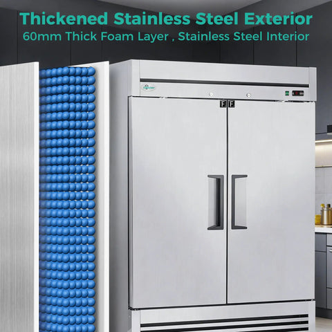 Heavy Duty Commercial Reach In Freezer 49 Cu Ft Built Solid For Bulk Grocery Stash Pro Kitchens Run Cool All Day With Digital Controls showing stainless steel exterior and foam layer.