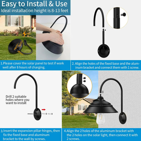 Guide to install Solar Barn Light With Motion Sensor And 3 Lighting Modes, Waterproof Wall Sconce for outdoor use.