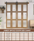 Bifold Glass Barn Door Kit With Hardware 3 Panel Frosted Glass Slab In Brown Wood Grain PVC, Installed, 48x84 Inches, Size Chart