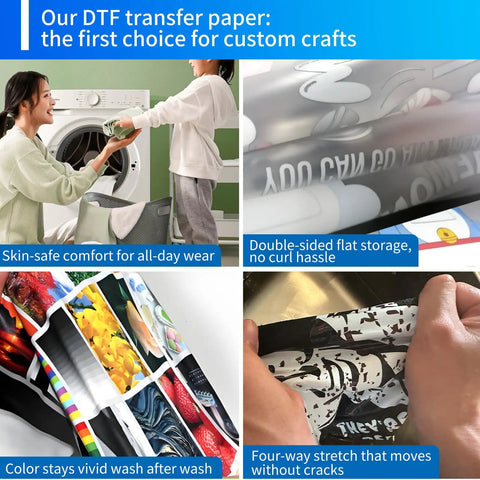Collage showcasing features of 50 Sheets DTF Transfer Film Eight Point Five By Eleven Clear Transfer Paper For Inkjet Printers PET Heat Transfer Paper Sublimation Paper Direct Print On Tees Textiles And Bags DIY Friendly For Small Batch Customizations.