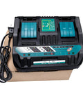 Twin Ports Battery Charger DC18RD for 14.4V to 18V LXT lithium ion batteries on cardboard box with cable